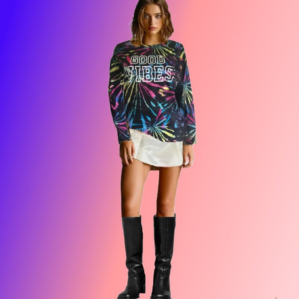 GOOD VIBES Trendy Vibrant  Multicolor Tie Dye Print Long Sleeve Top Size XS